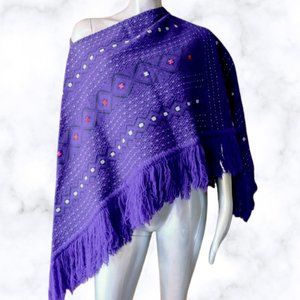 Vintage Mexican Fringed Blanket Rug Poncho Cape Purple